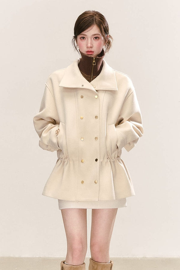 Beige Wool Blend Double-Breasted Drawstring Waist Coat