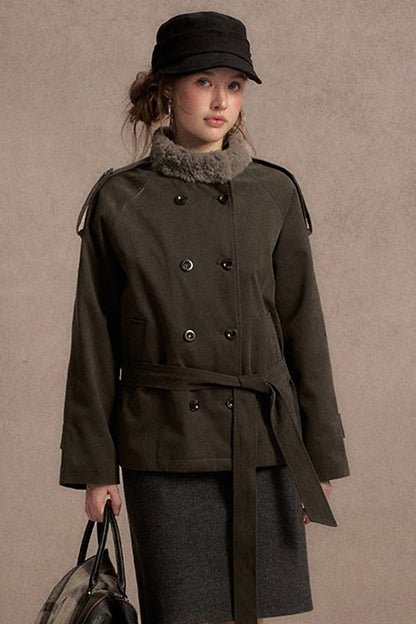 Gray Green Fur Collar Quilted Jacket