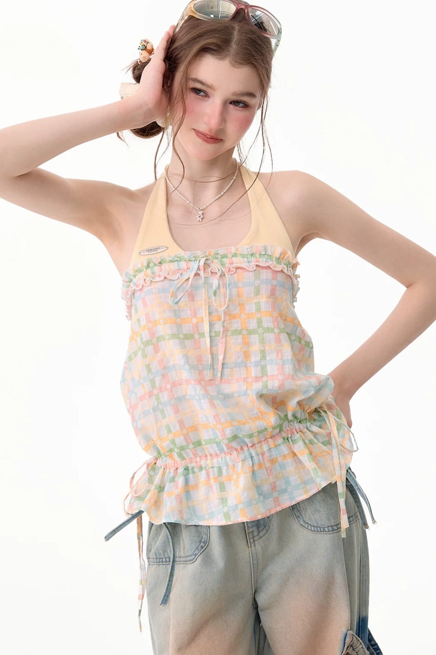 Blusa all'americana a quadri pastello