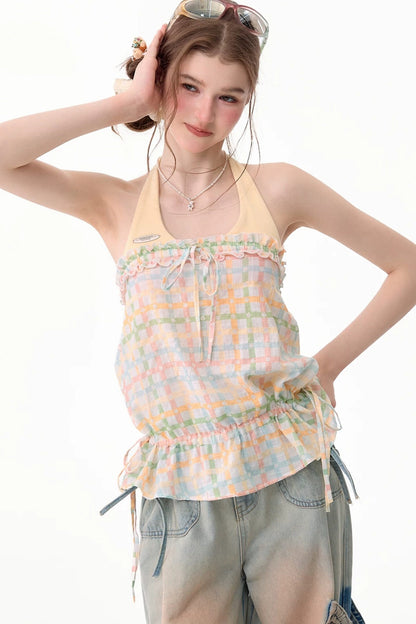 Blusa all'americana a quadri pastello