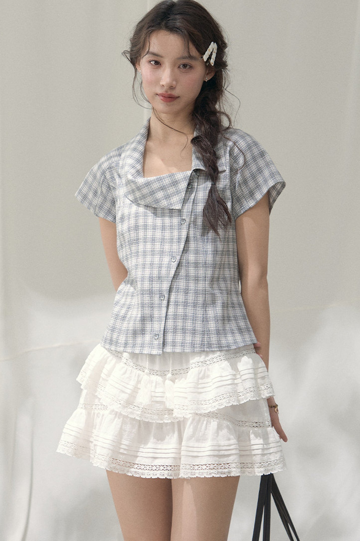 Square-Neck Plaid Blouse