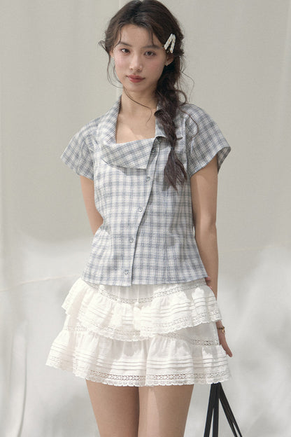 Square-Neck Plaid Blouse