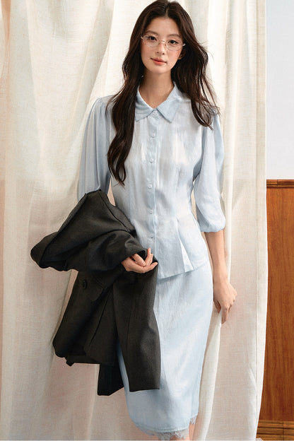 Lace Trim Puff Sleeve Top and Skirt Set-Up