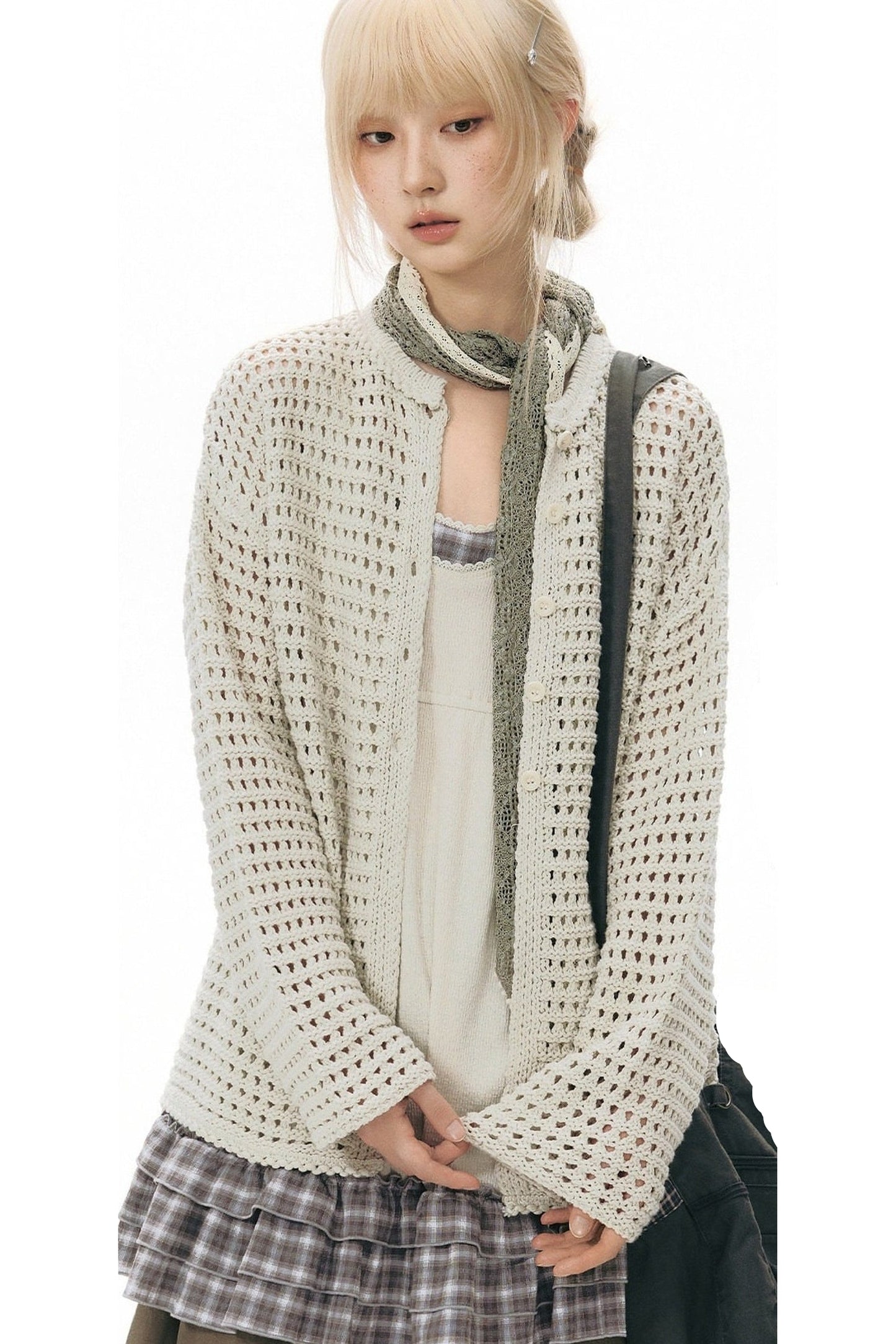Solid Color Hollow Knit Cardigan