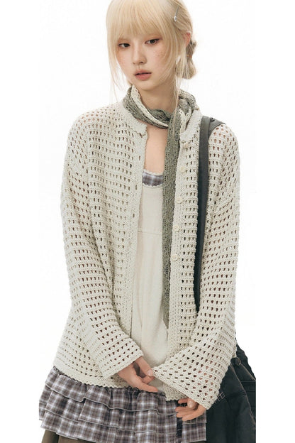 Solid Color Hollow Knit Cardigan