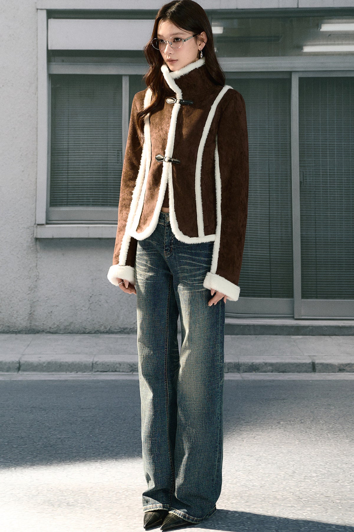 Brown Stand Collar Shearling Jacket