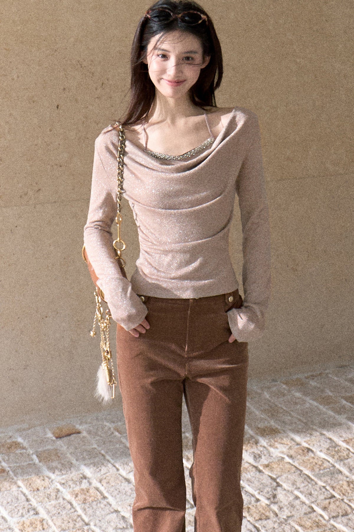 Beaded Ribbon Cowl Neck Knit Top