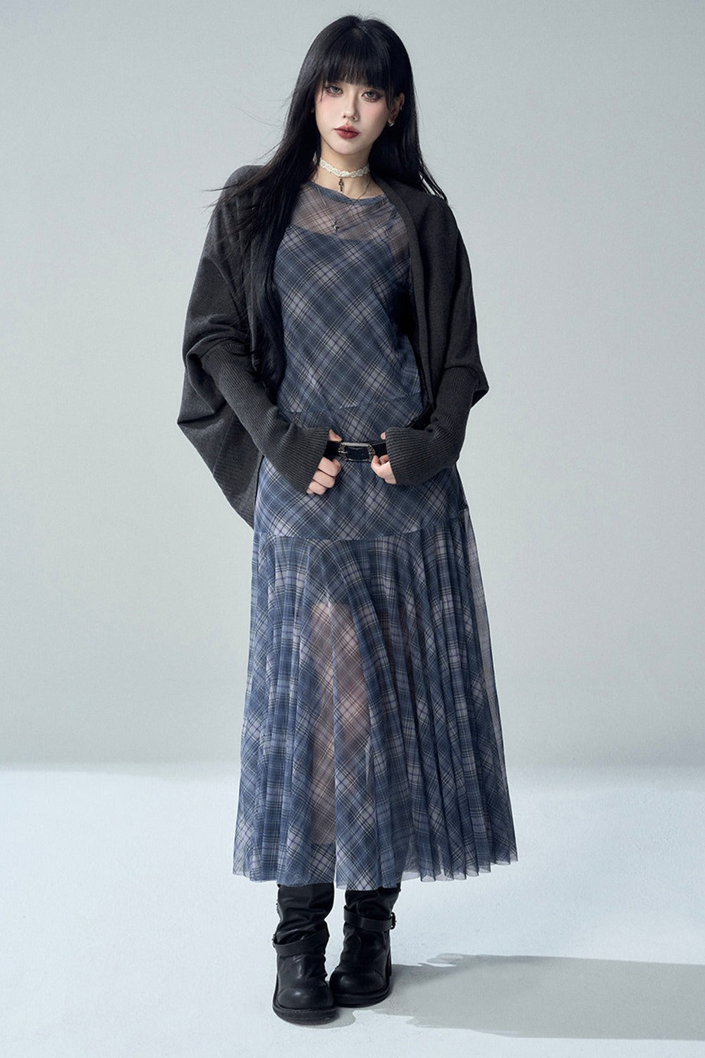 Blue Plaid Long Sleeve Dress Set
