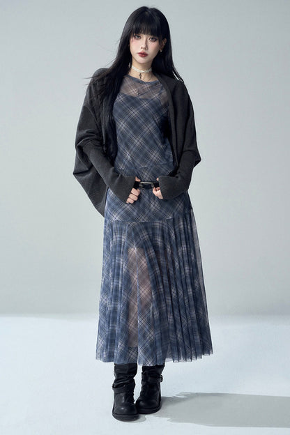 Blue Plaid Long Sleeve Dress Set