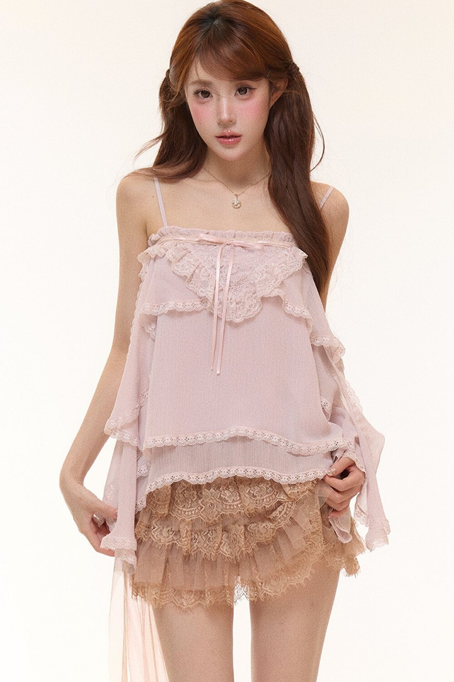 Irregular Ruffle Chiffon Camisole and Tulle Cake Skirt Set-Up
