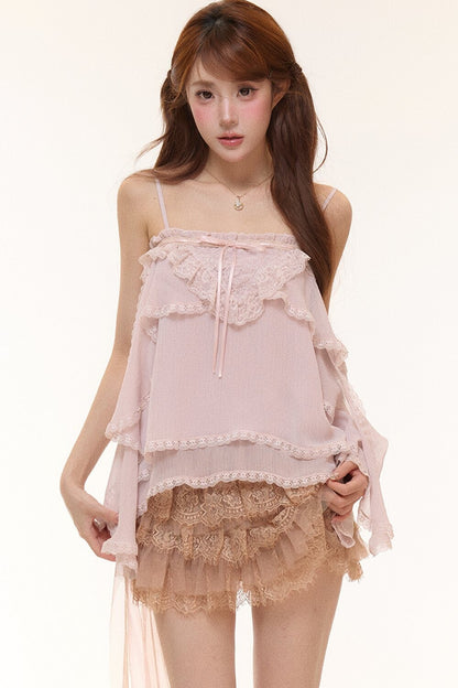 Irregular Ruffle Chiffon Camisole and Tulle Cake Skirt Set-Up