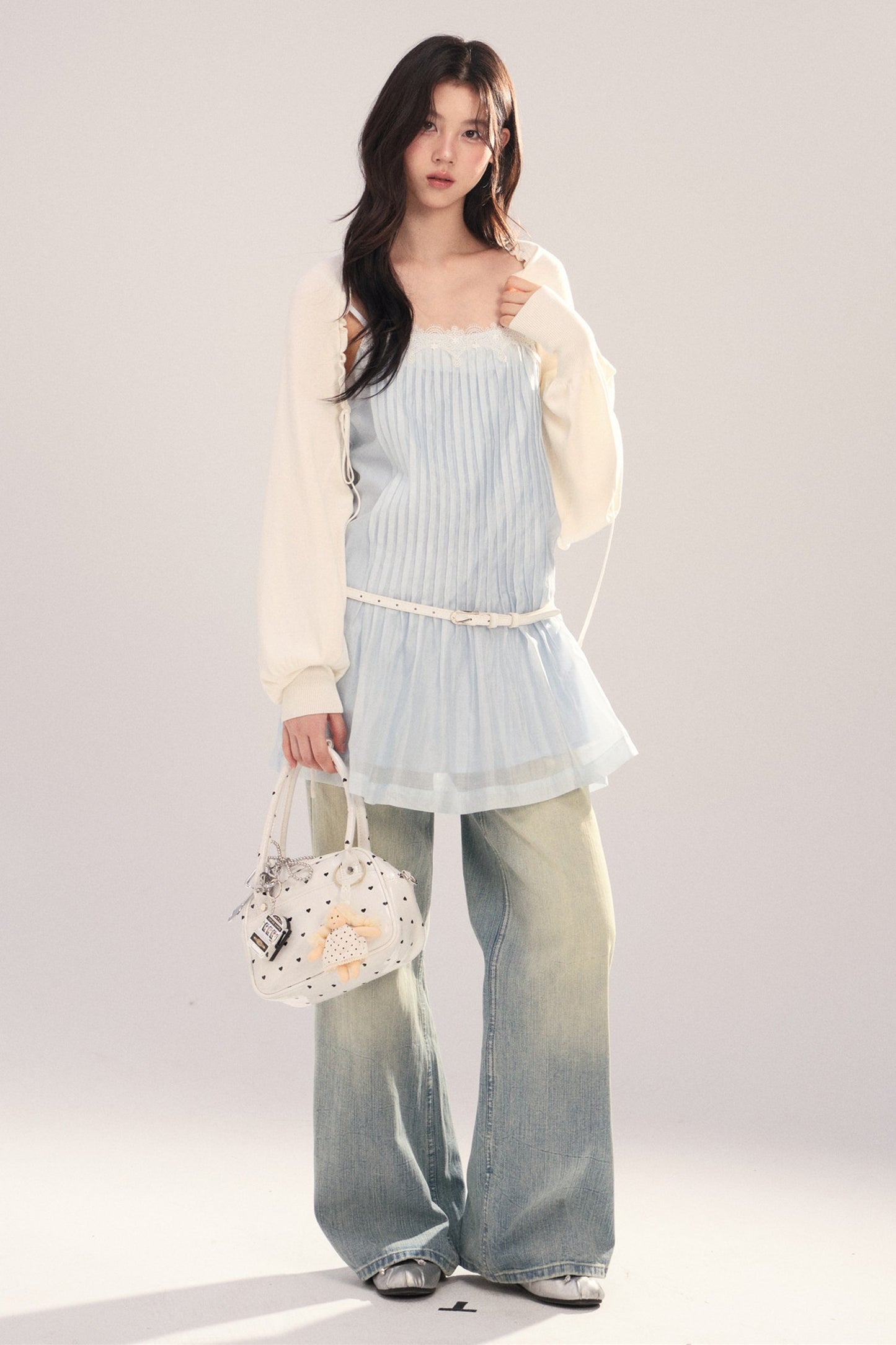 Suspender Dress with Lantern Sleeve Shawl Cardigan Set-Up