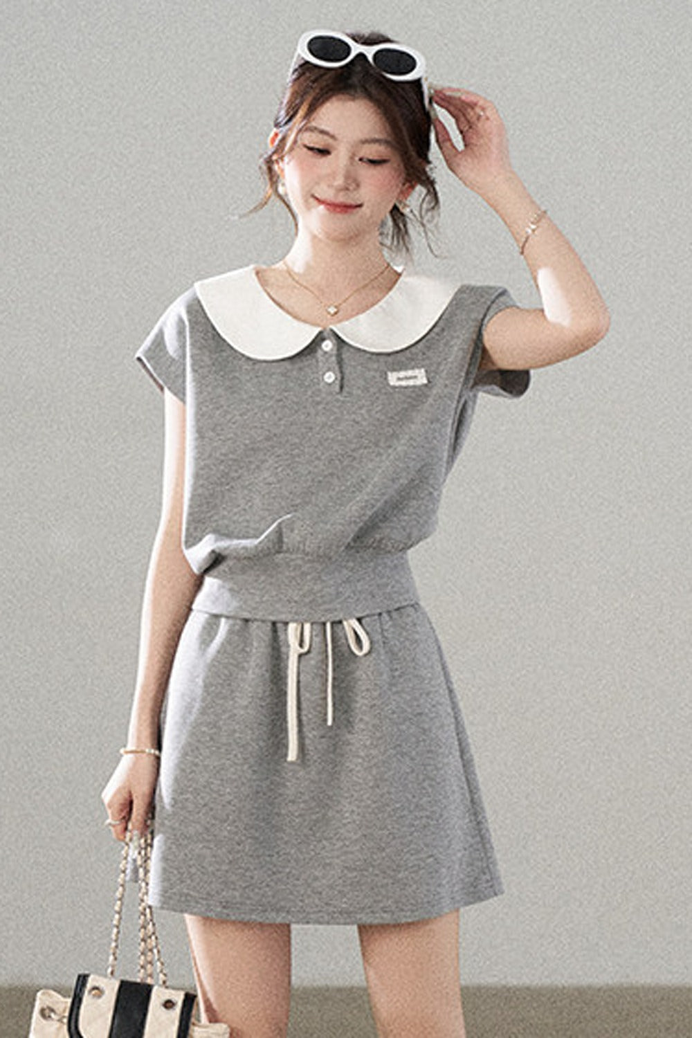 Gray Doll Collar Short-Sleeve Top and Skirt Set-Up
