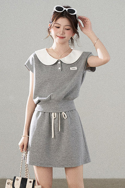 Gray Doll Collar Short-Sleeve Top and Skirt Set-Up