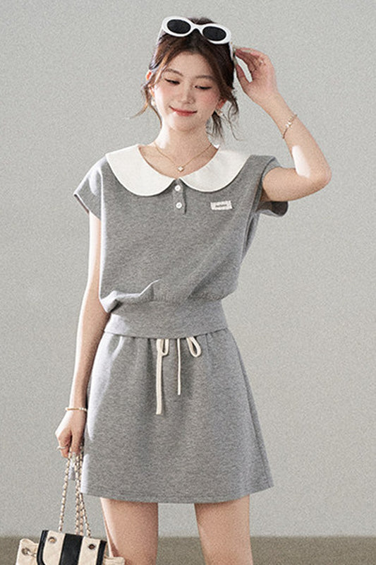 Gray Doll Collar Short-Sleeve Top and Skirt Set-Up