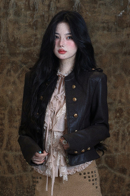 Napoleon Double-Breasted Short Leather Jacket