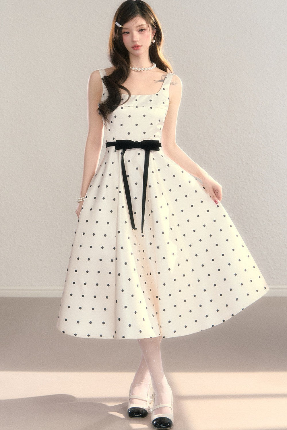 Elegant Polka Dot Waist Dress