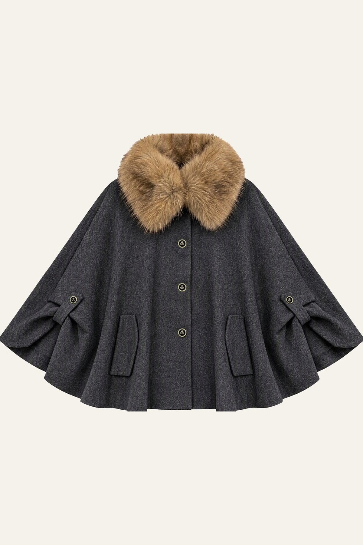 Detachable Large Fur Collar Woolen Cape