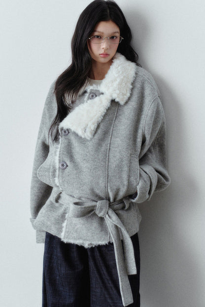 Plush Lapel Woolen Tie-Up Jacket