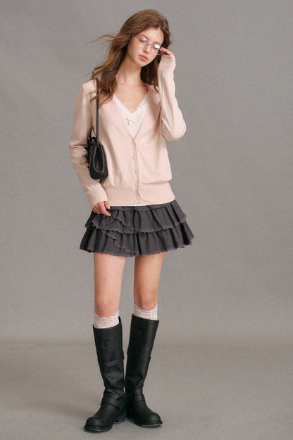 Long-Sleeve V-Neck Lace Trim Patchwork Knit Cardigan
