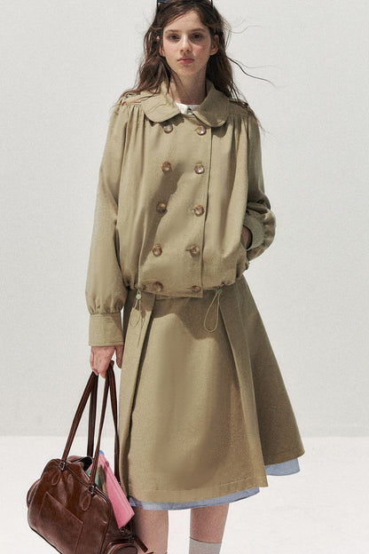 Khaki Short Trench Coat and Skirt Set-Up