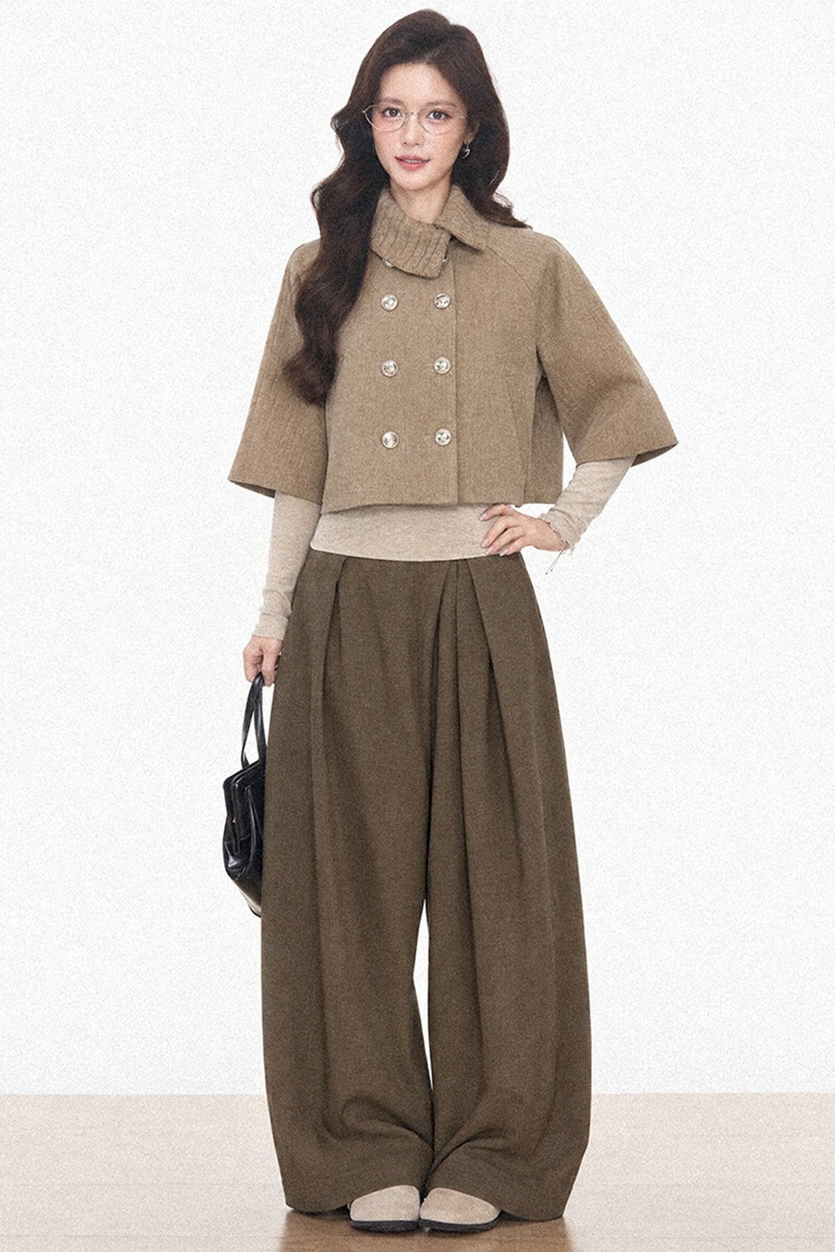 Double-Breasted Cape Coat and Wide-Leg Pants Set-Up