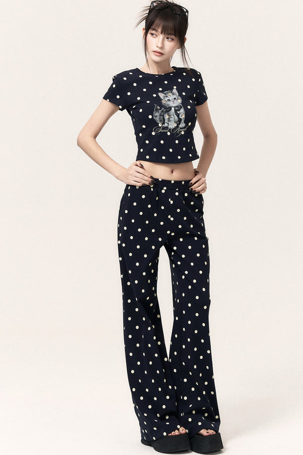 Polka Dot Cat Print Top Bodycon Skirt Pants Set-Up