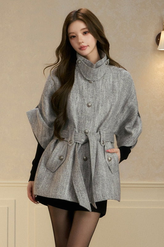 Stand Collar Batwing Wool Cape Jacket