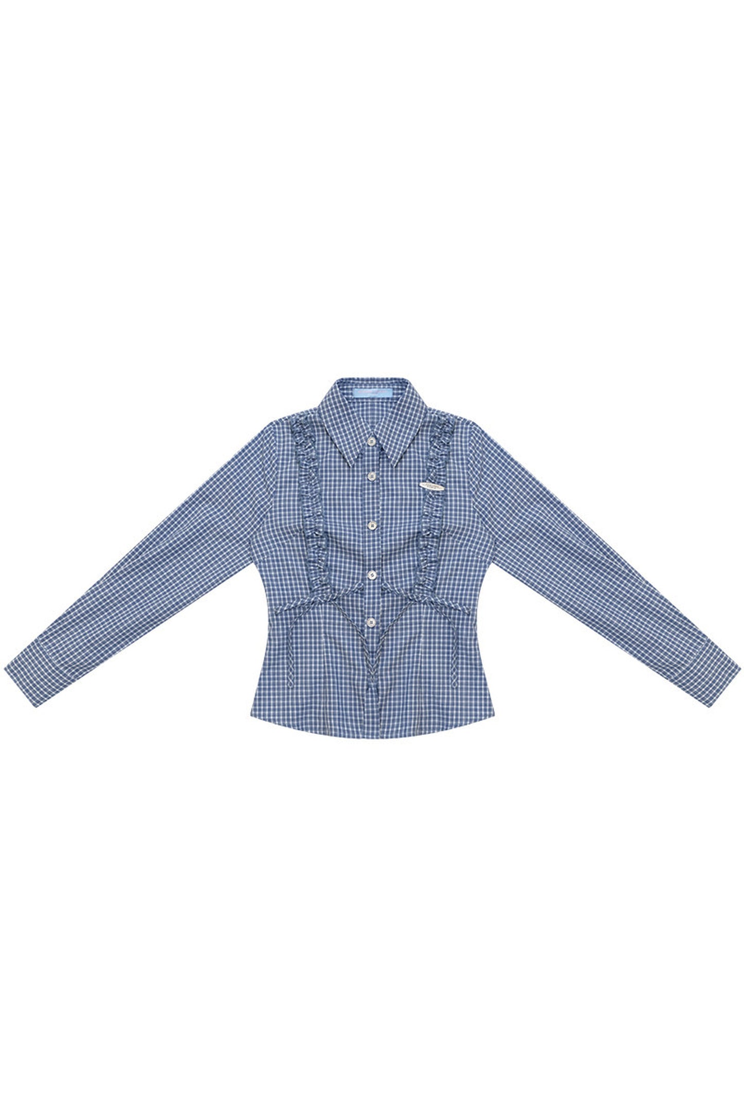 Blue Plaid Slimming Long Sleeve Blouse