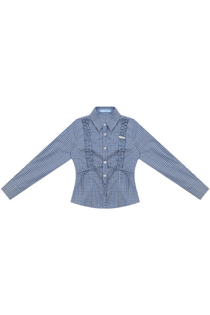 Blue Plaid Slimming Long Sleeve Blouse