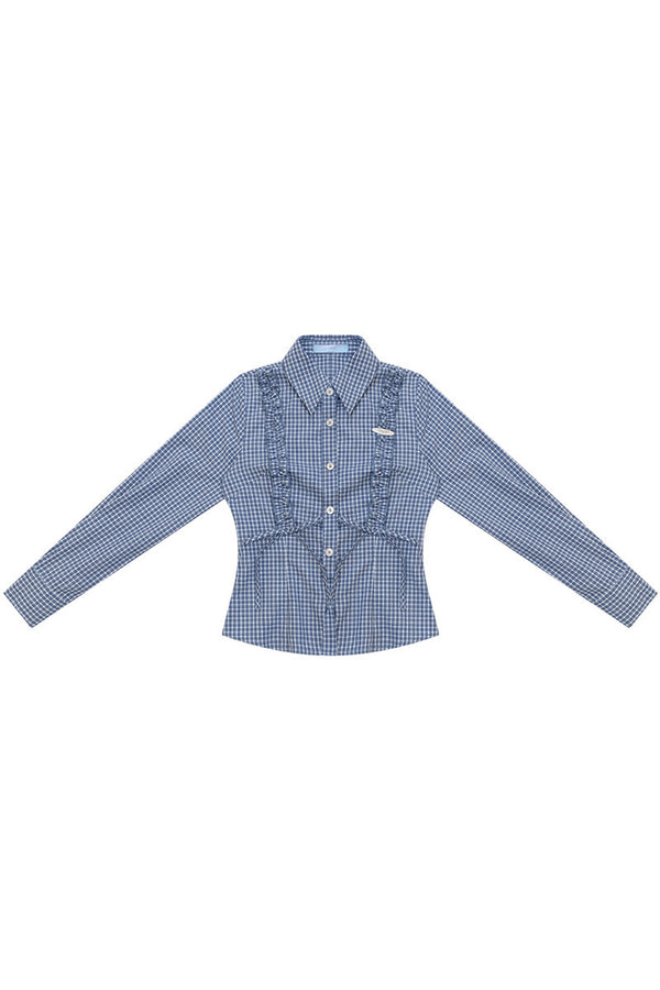 Blue Plaid Slimming Long Sleeve Blouse