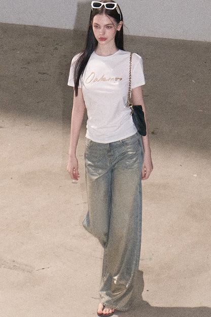Gold Foil Print Knit T-Shirt