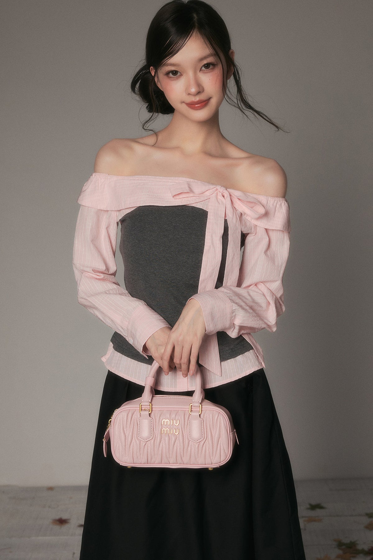 One-Shoulder Bow Spliced Long-Sleeve T-Shirt