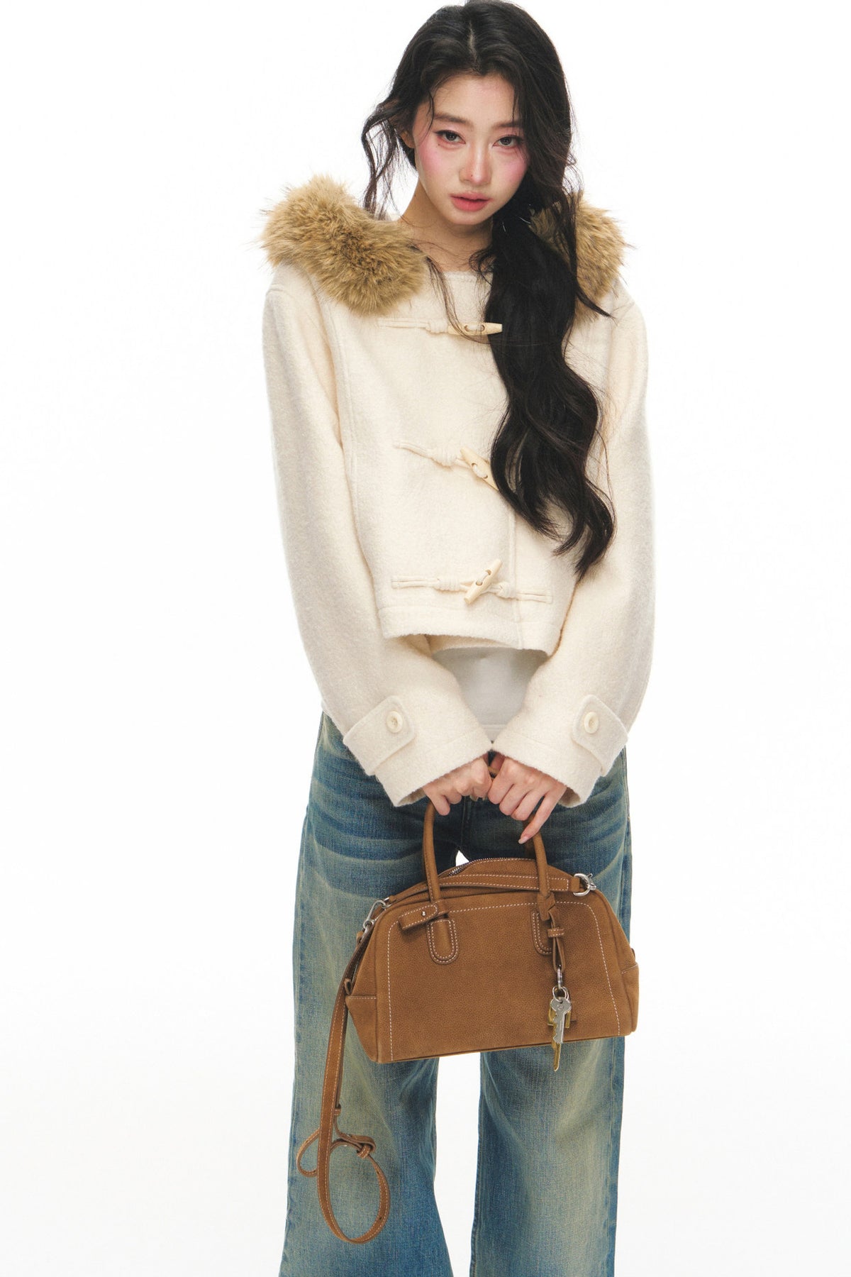 White Wool Hooded Jacket and Jeans Set-Up