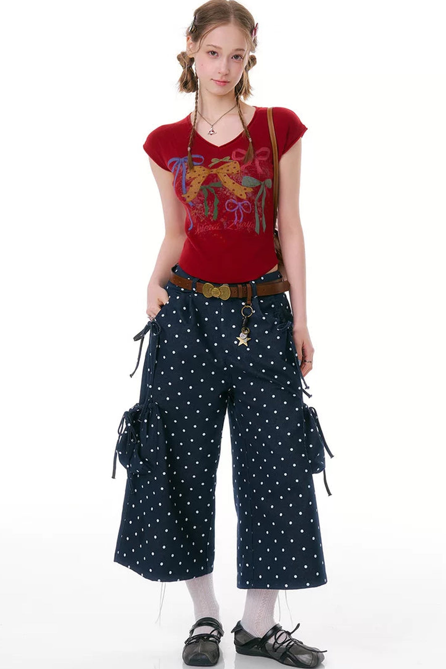Dark Blue Polka Dot Wide-Leg Pants