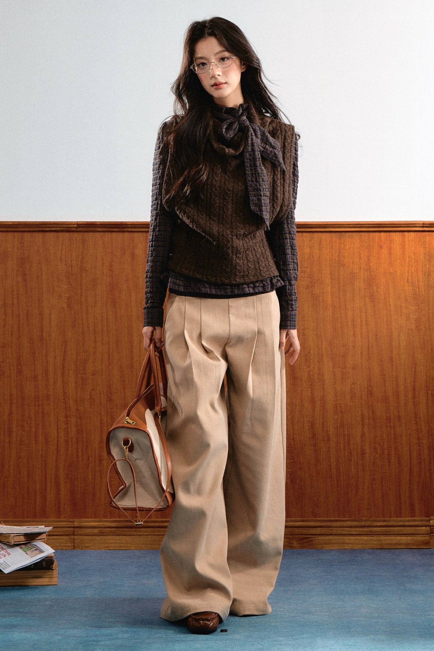 Retro Plaid Ribbon Top and Suede Skirt Set-Up