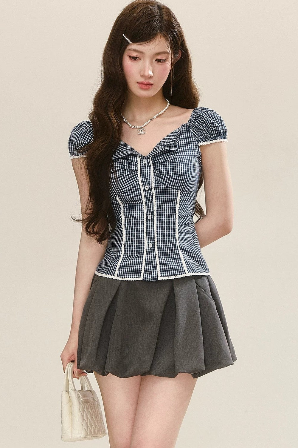Lace Plaid Puff Sleeve Blouse