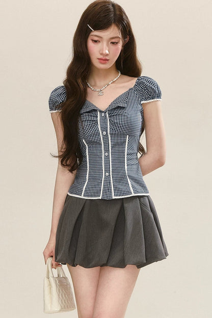 Lace Plaid Puff Sleeve Blouse