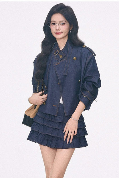 Imitation Denim Short Jacket and Cake Skirt Set