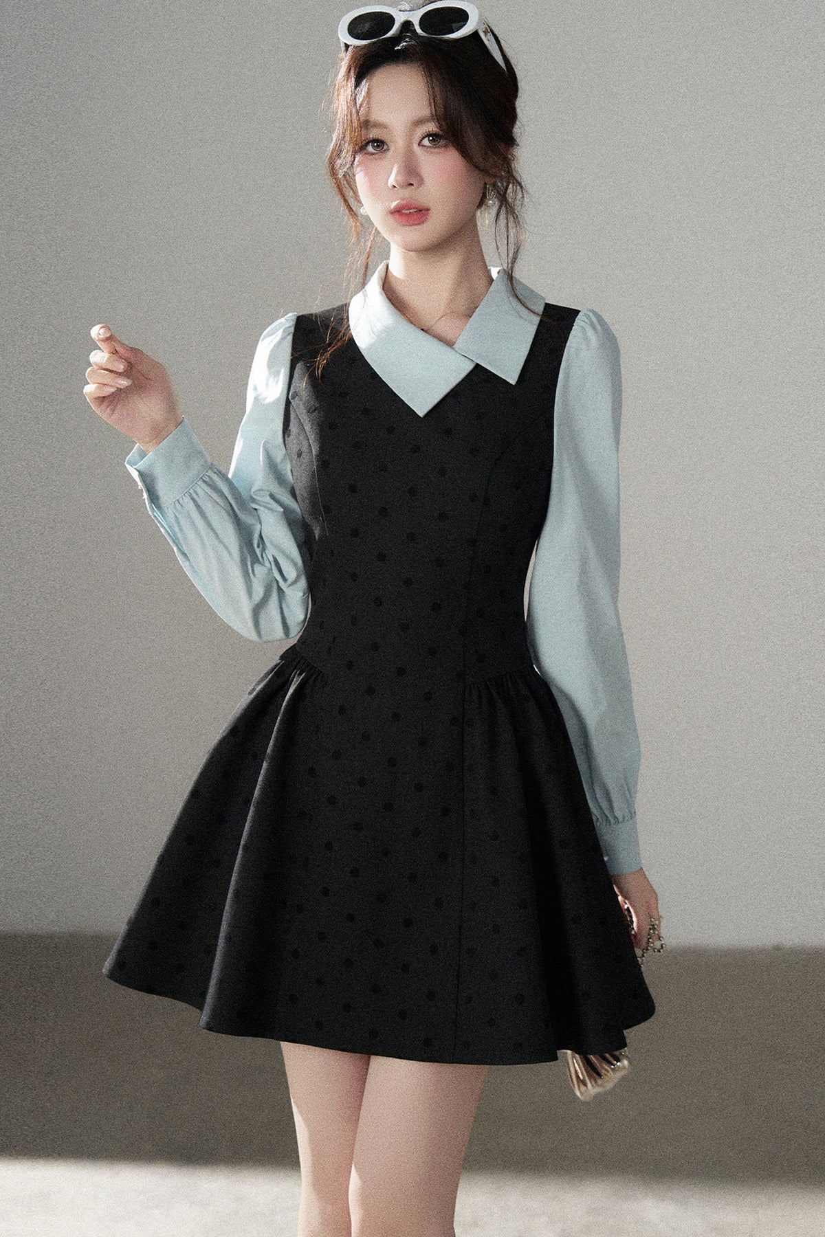 Black Polka Dot Asymmetrical Collar Dress