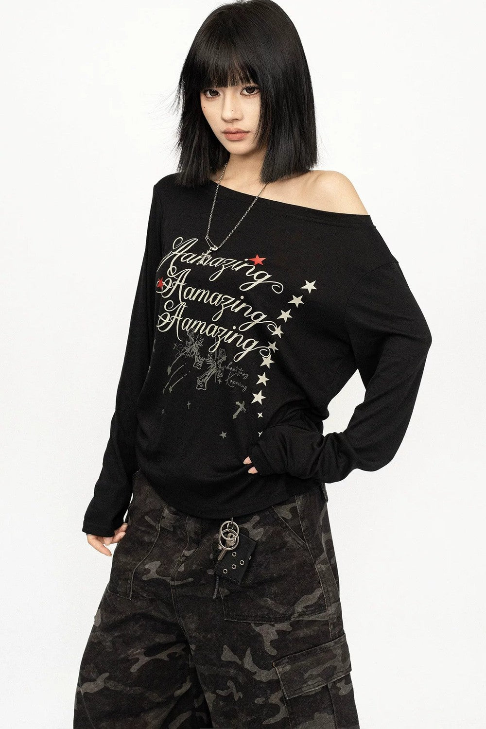 Black Off-Shoulder Letter Print Long Sleeve Tee