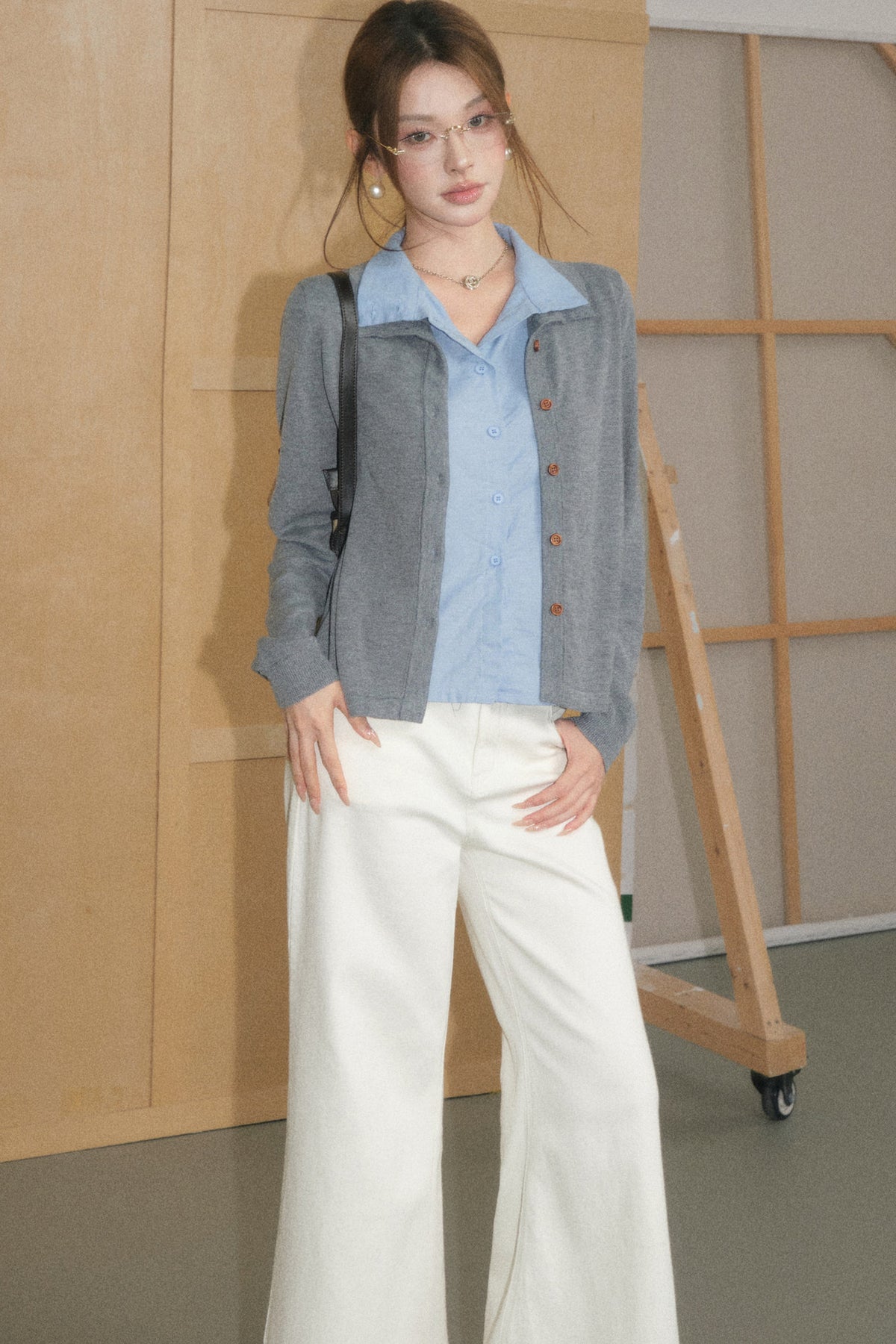 Grey Wool Cardigan and White Trousers Set-Up