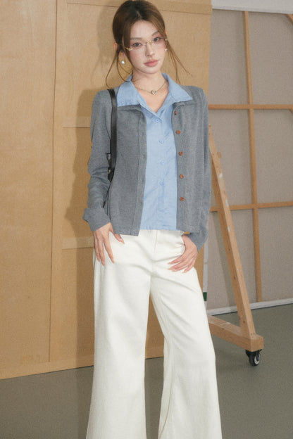 Grey Wool Cardigan and White Trousers Set-Up