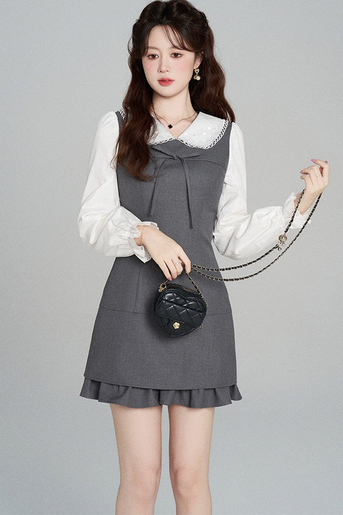 Gray Doll Collar Cinched Waist Dress