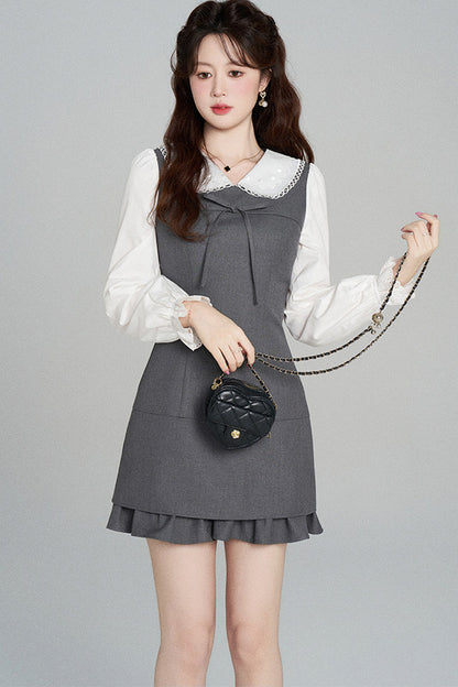 Gray Doll Collar Cinched Waist Dress