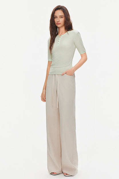 Padded Shoulder Henley Knit Top