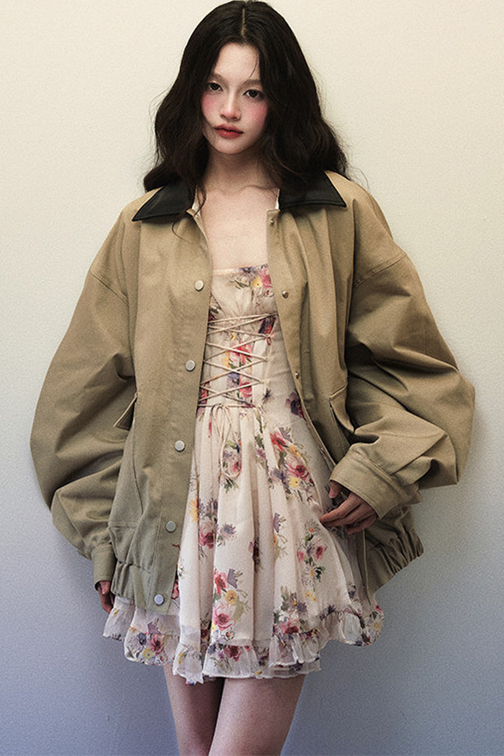 Oversized Khaki Green Black Lapel Jacket