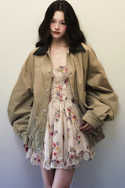 Oversized Khaki Green Black Lapel Jacket