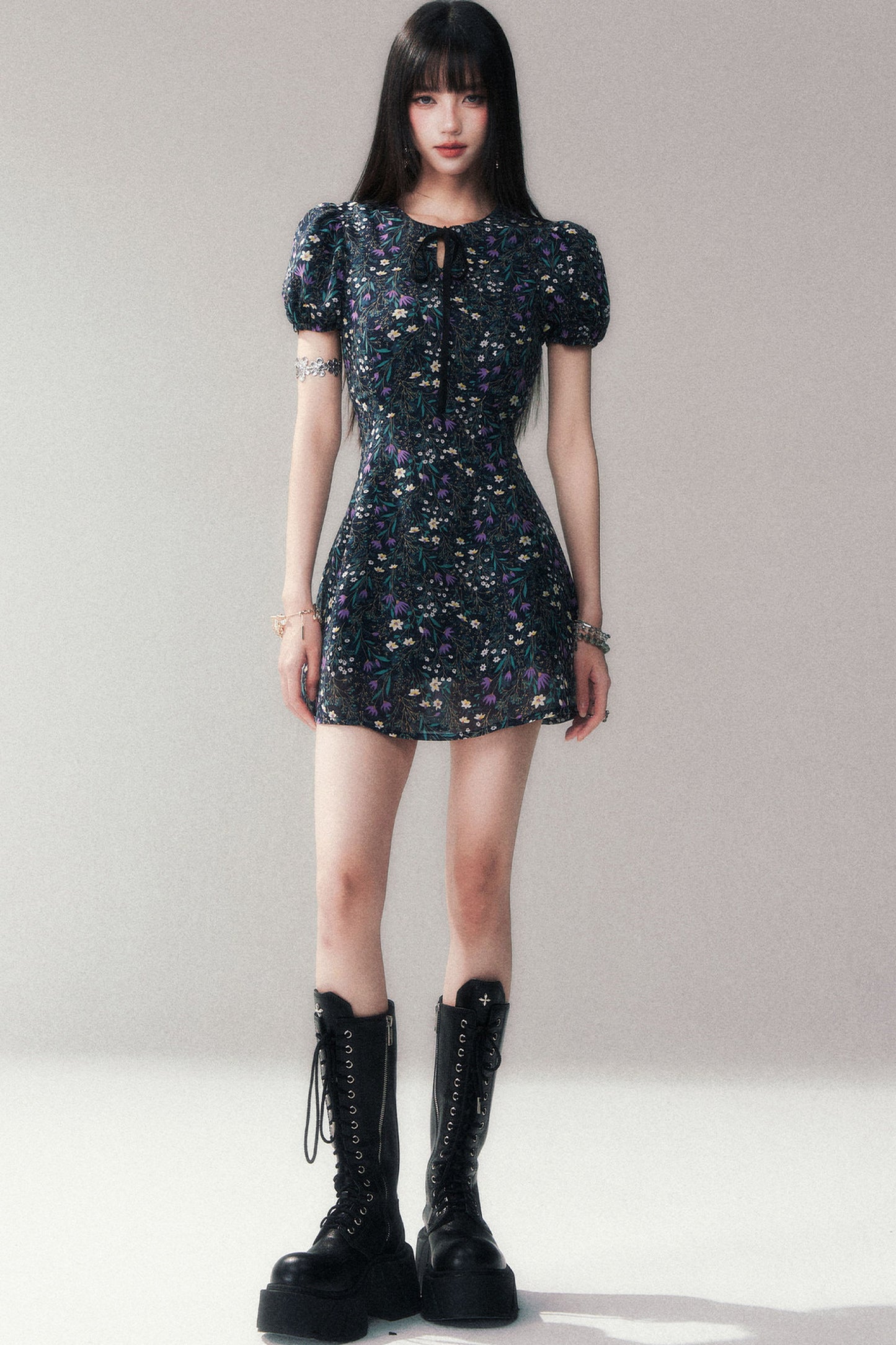 Purple Lilac Floral Puff Sleeve Dress