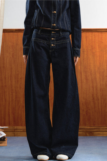 Round-Neck Gold Button Denim Jacket and Pants Set-Up